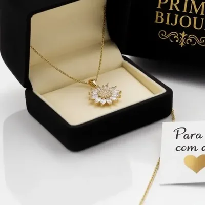 Colar Feminino Dourado Com Pingente Sol Girassol E Zircônias