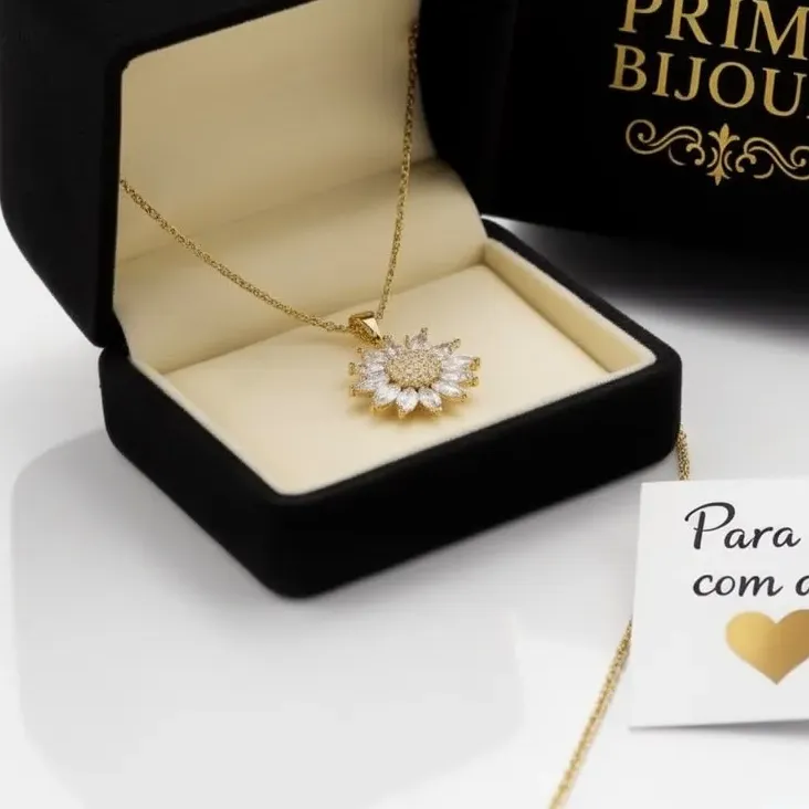 Colar Feminino Dourado Com Pingente Sol Girassol E Zircônias