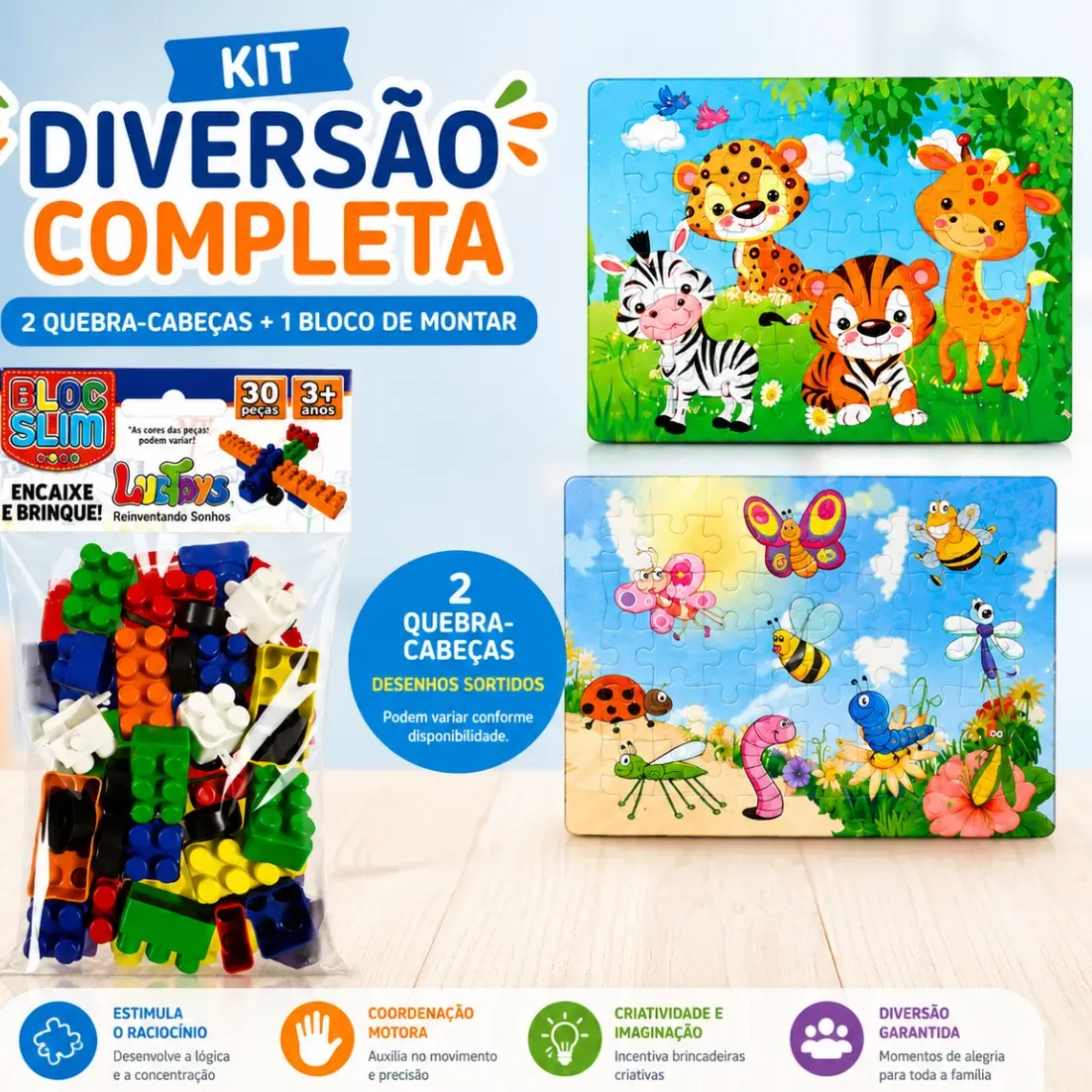Kit 2 Quebra-cabeças Cartonados + Bloco De Montar Infantil
