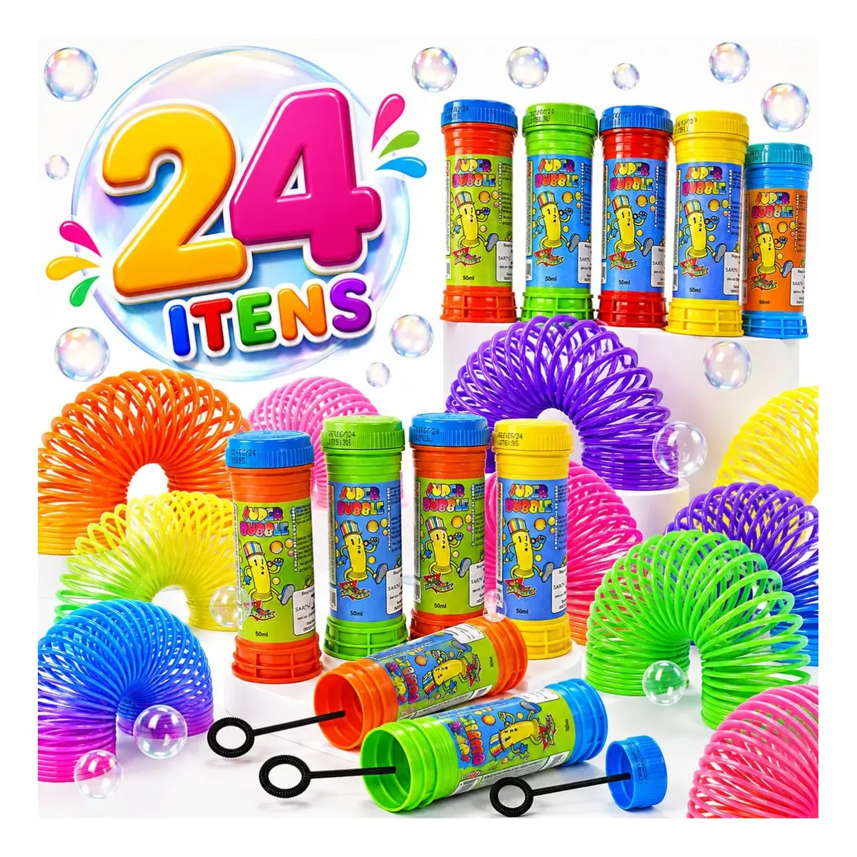 Kit 12 Bolhas De Sabão + 12 Molas Maluca Lembrancinha Festa