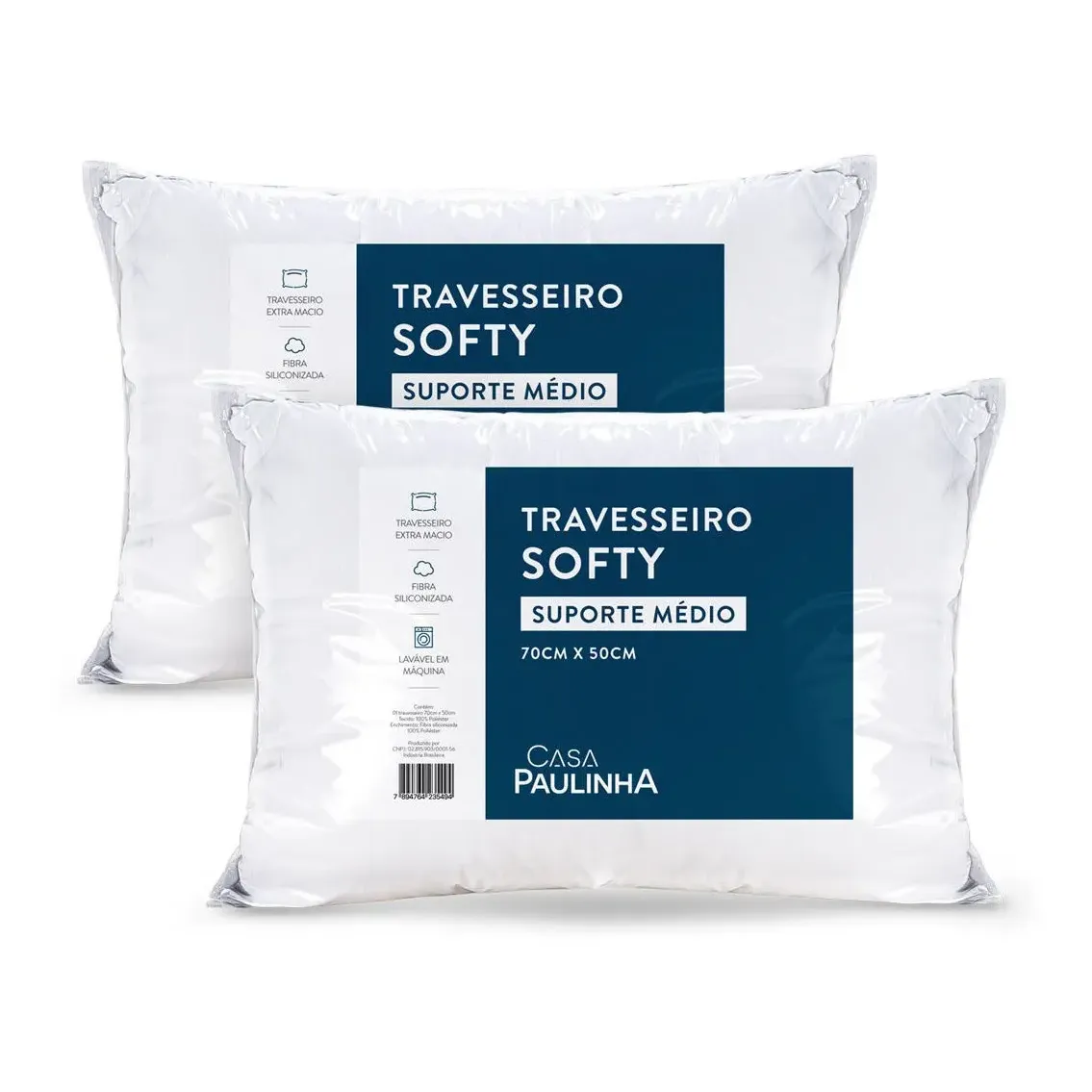 Kit 2 Travesseiros Softy Medio 70x50 Fibra De Silicone Macio