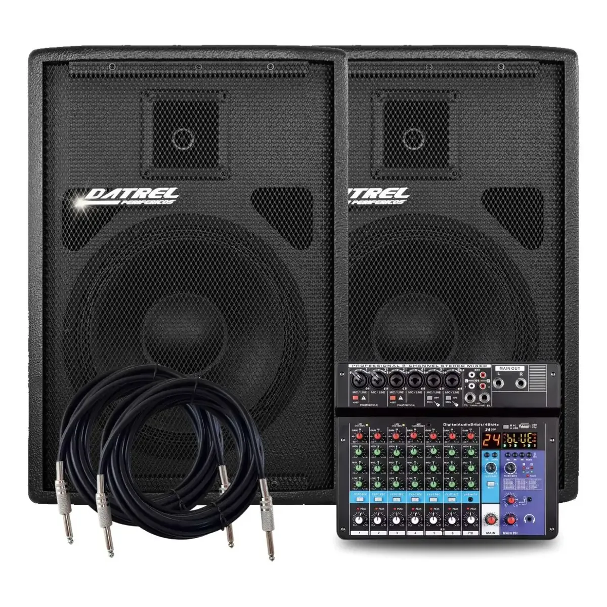 Kit 2 Caixas De Som Datrel Ativa Passiva 500w Rms 12 Polegadas Acustica Amplificada + Console Mesa 8 Canais Efeitos P10 Xlr Profissional Audio Bluetooth Usb Live Midi Dj + Cabos Eventos Igreja Festa