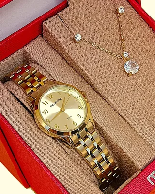 Relógio Mondaine Feminino Original Dourado À Prova DÁgua com NF + Kit Colar 608D 99913LPMKDE1K1