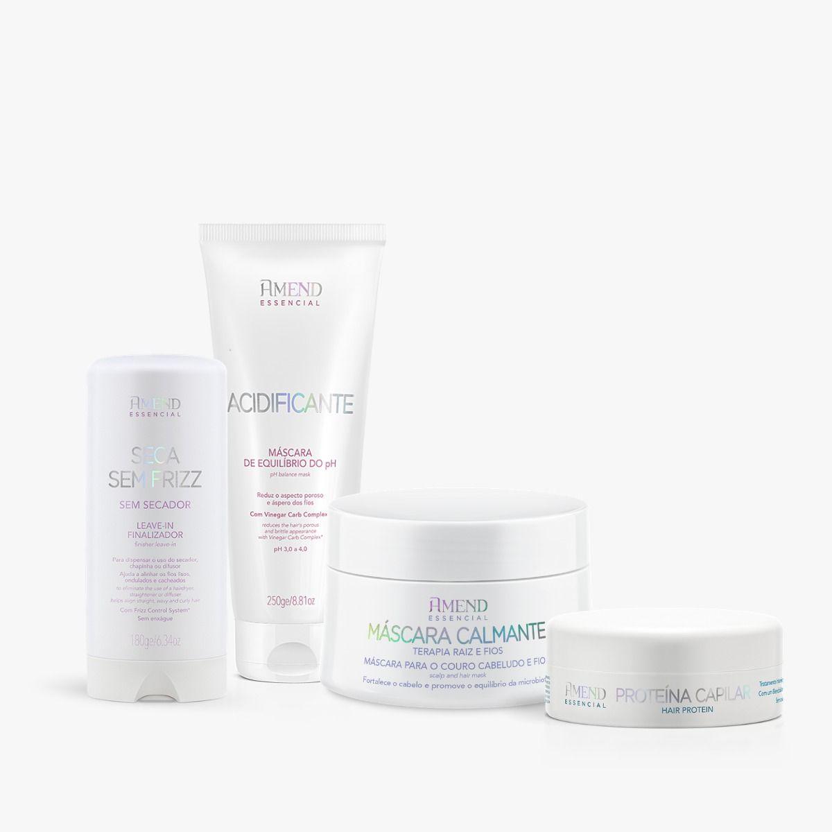 Kit Acidificante, Seca Sem Frizz, Proteína Capilar e Máscara Calmante Para Couro Cabeludo Amend Essencial