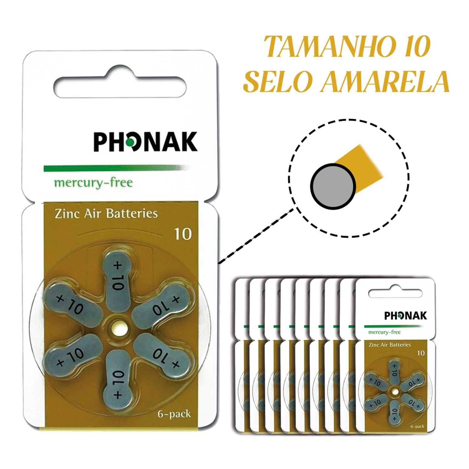 60 Pilhas - 10 Phonak Aparelho Auditivo - Mercury Free - SELO AMARELO