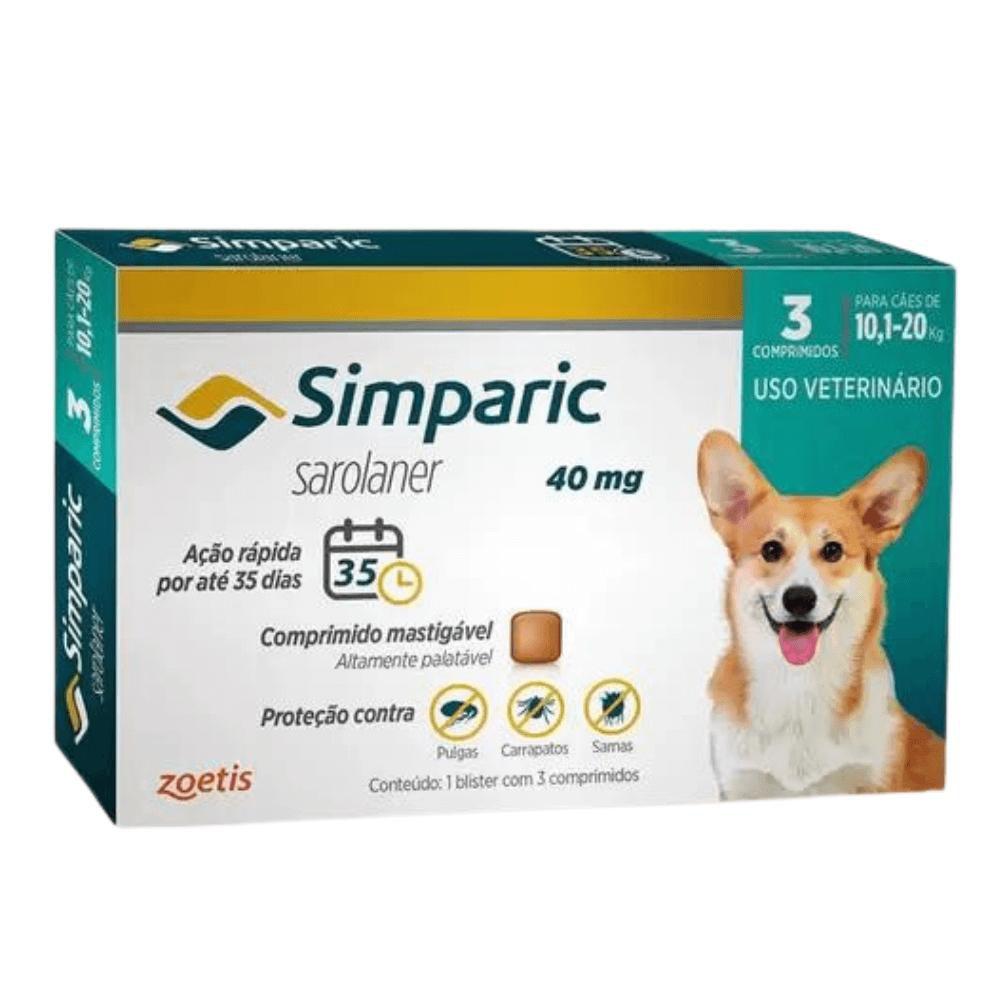 Antipulgas e Carrapatos Simparic 40 mg para Cães de 10,1 a 20 kg com 3 Comprimidos - Zoetis