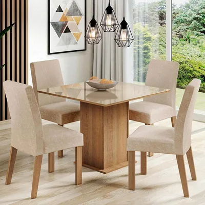 Conjunto Sala de Jantar Mesa Tampo de Vidro 4 Cadeiras Anne Madesa