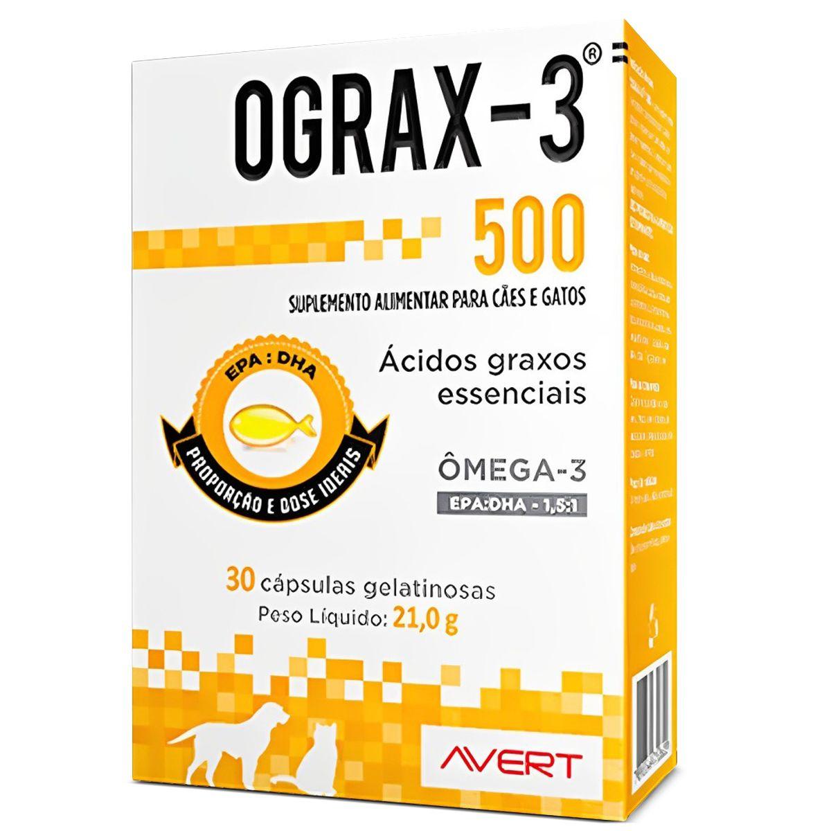 Ograx 3 500 Mg 30 Capsulas Avert Omega 3 para Cães e Gatos