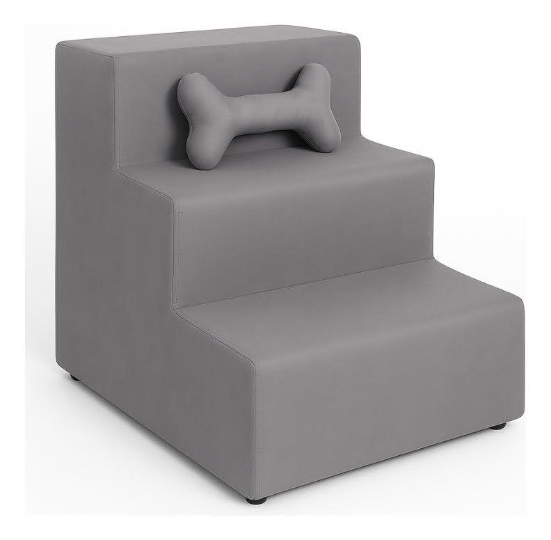 Escada Escadinha para Pet 3 Degraus com Osso cor Cinza Veludo Liberty Móveis
