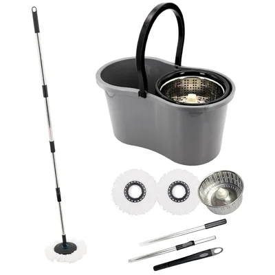 Mop com Balde Giratório Cesto em Inox, 9 Litros, Esfregão para Limpeza Lava e Seca com 2 Refis de Microfibra - Importado