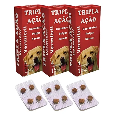 Anti Pulga Carrapato Verme e Sarna para Cães de até 15kg Com 12 Comprimidos Mastigáveis - Vila Flor