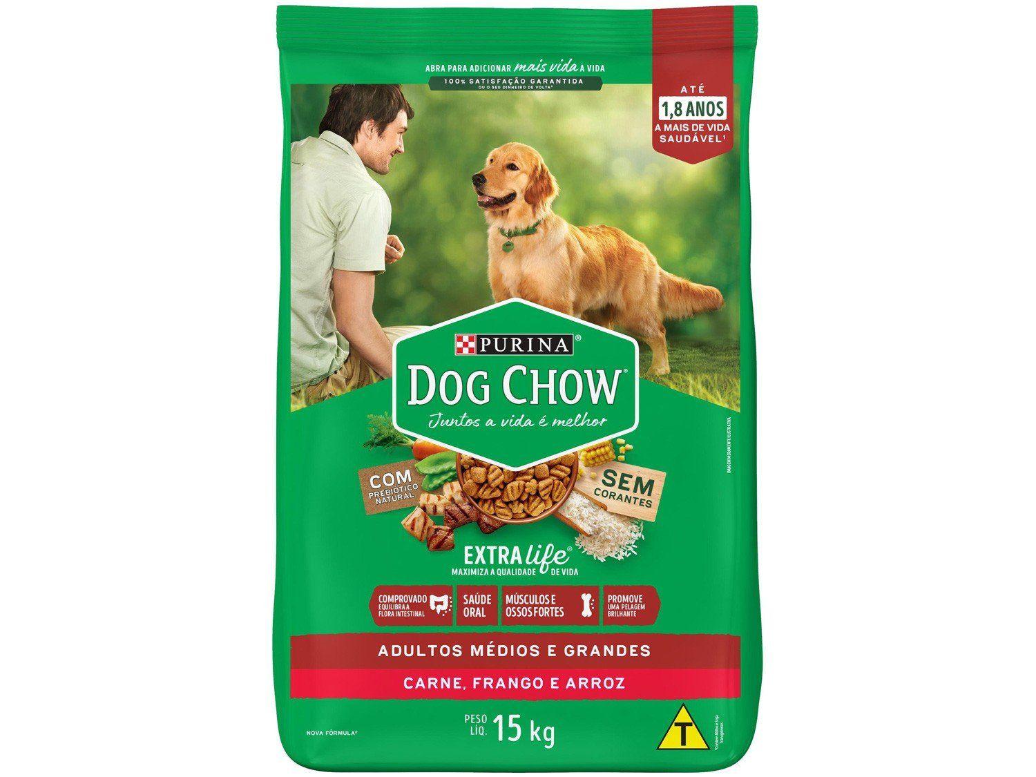 Ração Dog Chow para Cães Adultos de Porte Médio e Grande Sabor Carne, Frango e Arroz - 15kg