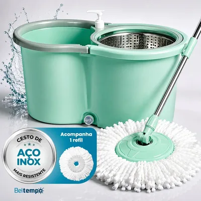 Mop Esfregão Giratório 360º Balde 16 Litros Cesto Inox Cabo Longo 1,40 metros Com Refil Rodas E Alça Beltempo