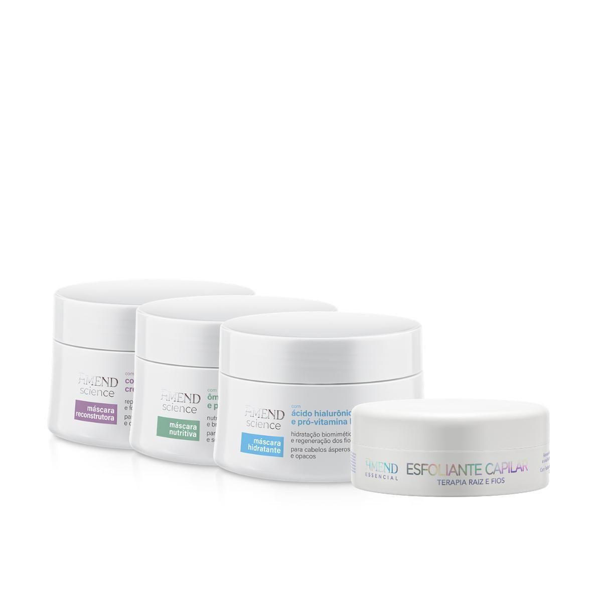 Kit Máscaras Science Hidratante, Máscara Nutritiva, Máscara Reconstrutora e Esfoliante Capilar Amend