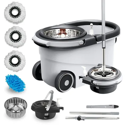 Mop Giratório Com Cesto Em Inox Cinza - Cabo 150cm - Completo - Nybc