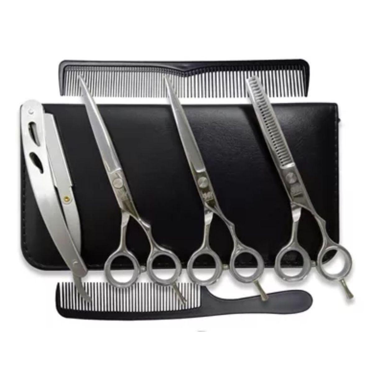 Kit 3 Tesoura Prata Fio Laser Fio Navalha Desfiadeira + Navalha + Estojo - Obopekal